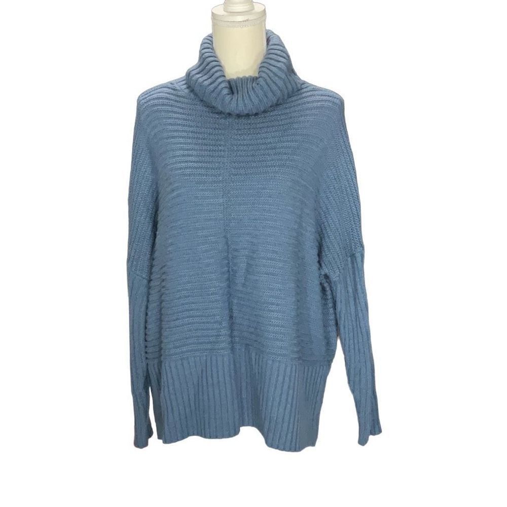 Joan Vass Blue Chunky Knit Cowl Neck Drop Shoulder Sweater Slit Sides Warm Sz M